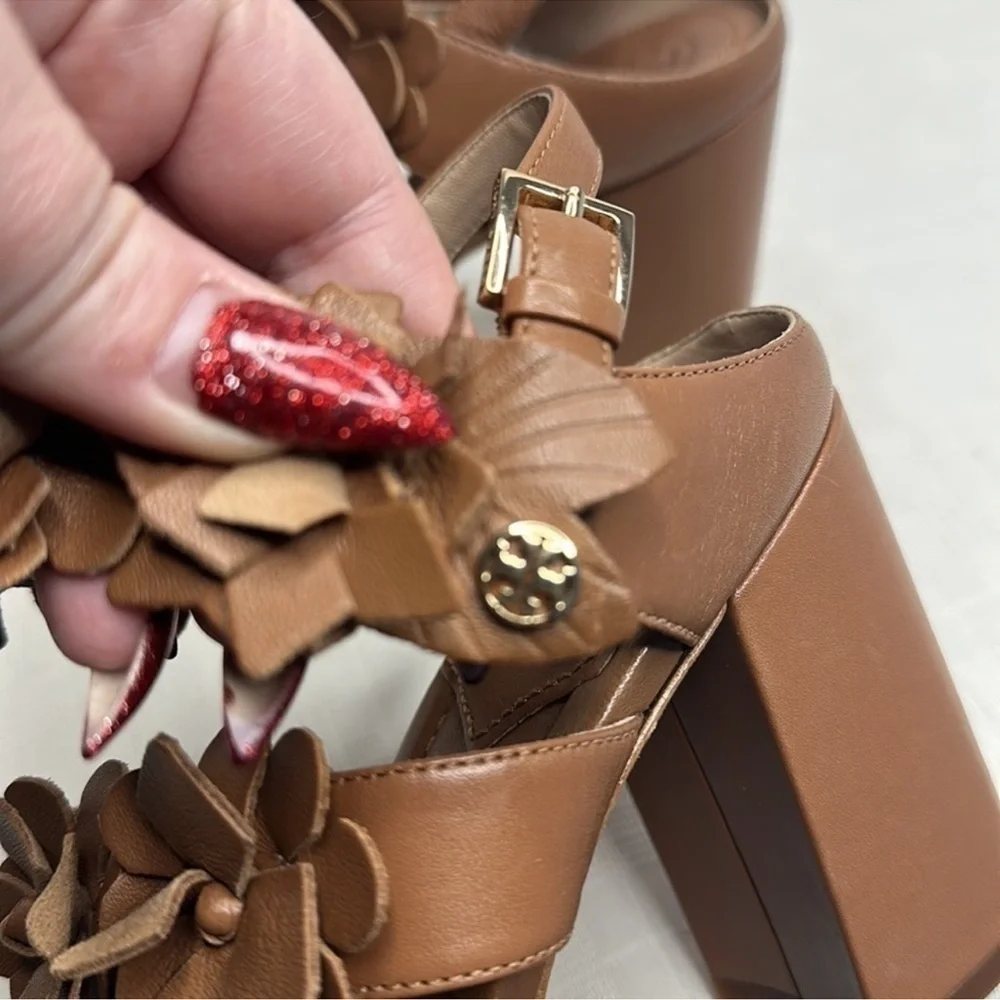 NWOB Tory Burch Women's Brown 65 mm Nappa Leather Blossom Heel Block Sandal 9.5